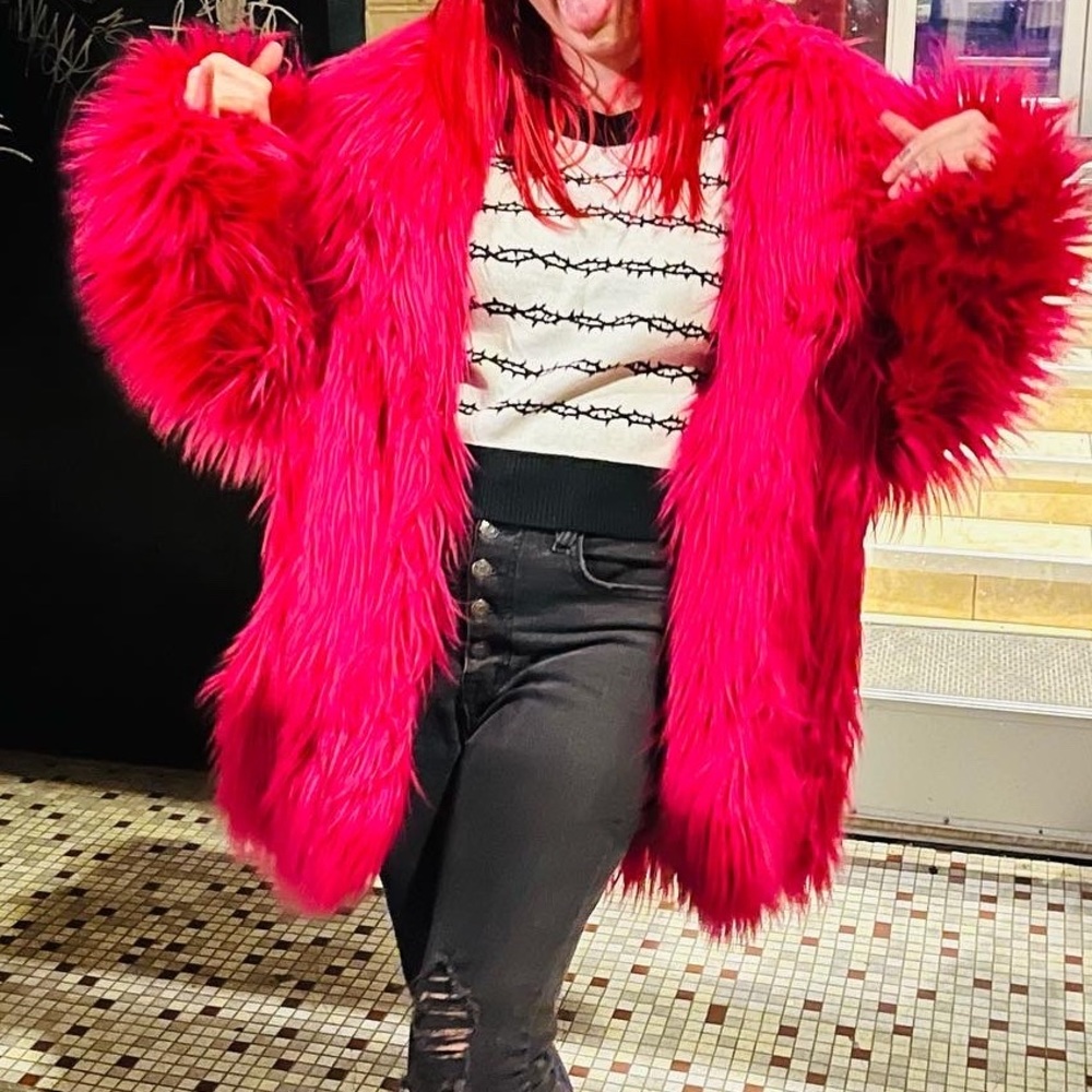 Current Mood Hot Pink Fuzzy Jacket Anime Satin Inside